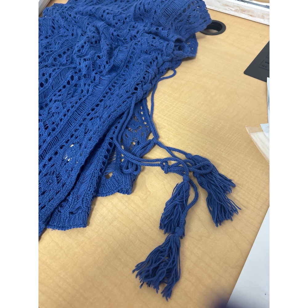 Womens Royal Blue Crochet Knit Poncho Tassel Tie Side Beach Cover Up Top Large - Picture 4 of 4